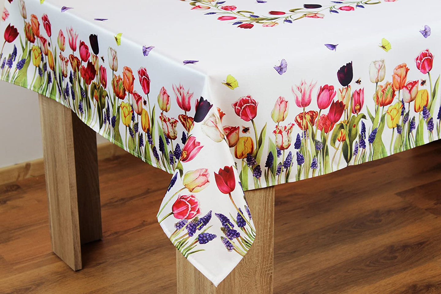 Tischdecke 130x170 cm TULPEN UND SCHMETTERLINGE Druck-Motiv mit Blumen Frühling Sommer