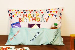 Dekokissen HAPPY BIRTHDAY Kissen mit 3 Taschen zum selber Befüllen Größe 30x50 cm tolles Geschenk zum Geburtstag