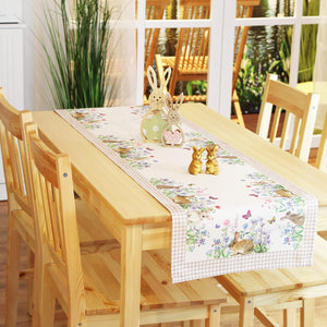 Tischläufer HASEN IN DER BLUMENWIESE Frühling Ostern 40x140 cm Hasen Dekor Bunt Waschbar Küche Esstisch Tisch Dekoration