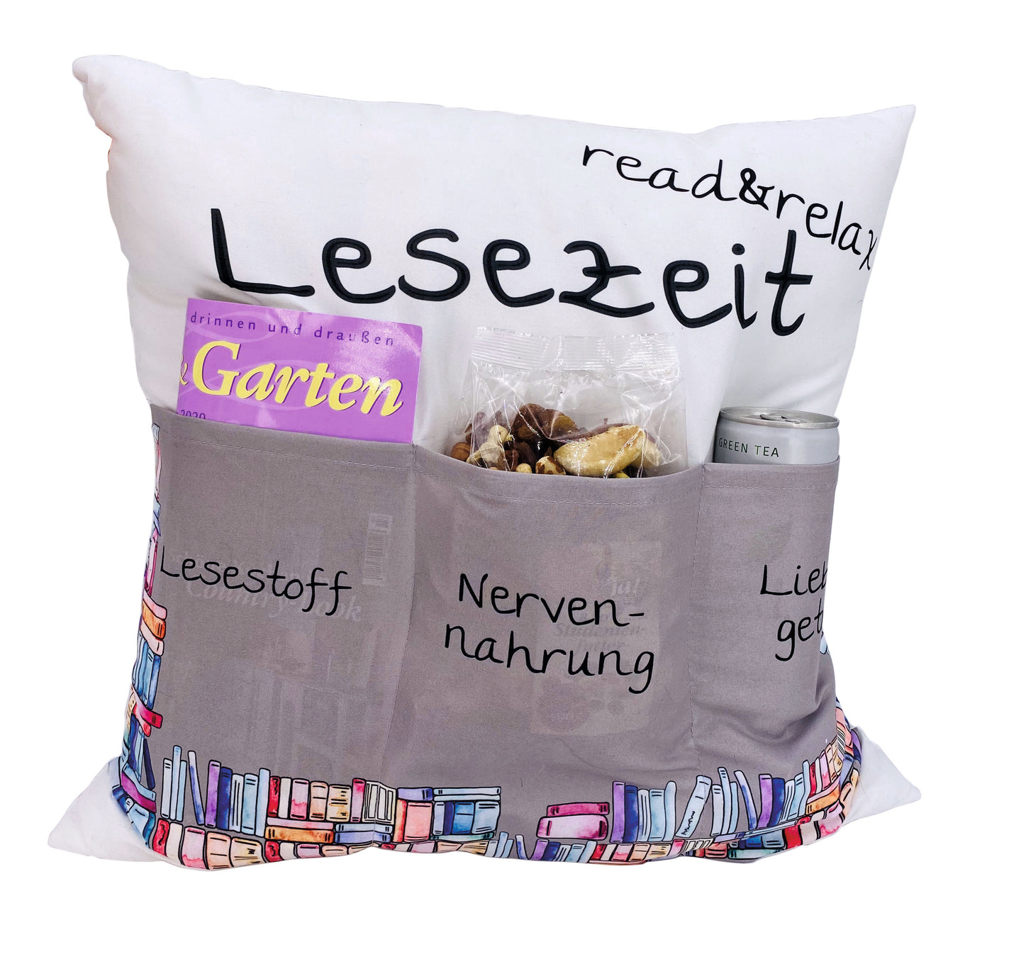 Originelles Dekokissen LESEKISSEN Kissen mit 3 Taschen zum selber Befüllen Größe 43x43 cm tolles Geschenk für ein gelungen Sofaabend Filmabend Öko Tex