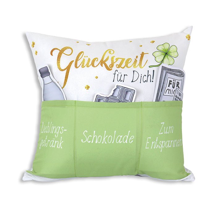 Originelles Dekokissen GLÜCKSZEIT Kissen mit 3 Taschen zum selber Befüllen Größe 43x43 cm tolles Geschenk für ein gelungen Sofaabend Filmabend Öko Tex