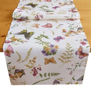 Tischläufer 40x140 cm " SCHMETTERLINGE AUF DER BLUMENWIESE " in creme mit zarten Pastelltönen